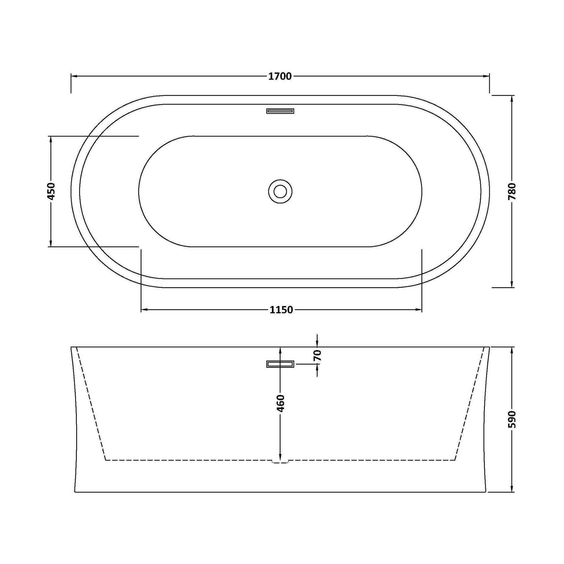 [BBFS164] Contemporary White Curved Freestanding Bath - Choice of Size - Technical Drawing