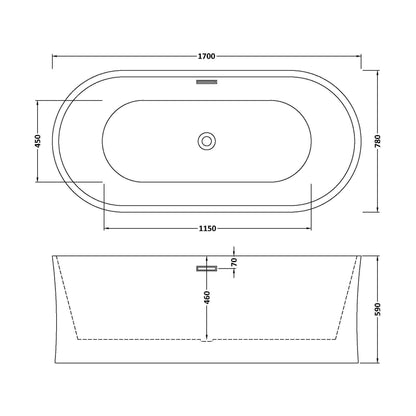 [BBFS164] Contemporary White Curved Freestanding Bath - Choice of Size - Technical Drawing