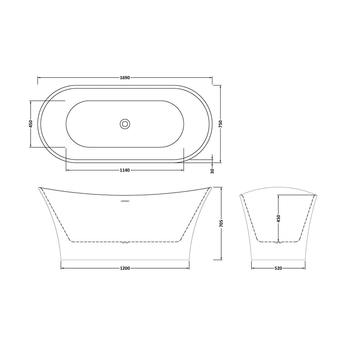 [BBFS167] Contemporary Slipper Freestanding Bath  - 1700mm x 750mm - Technical Drawing