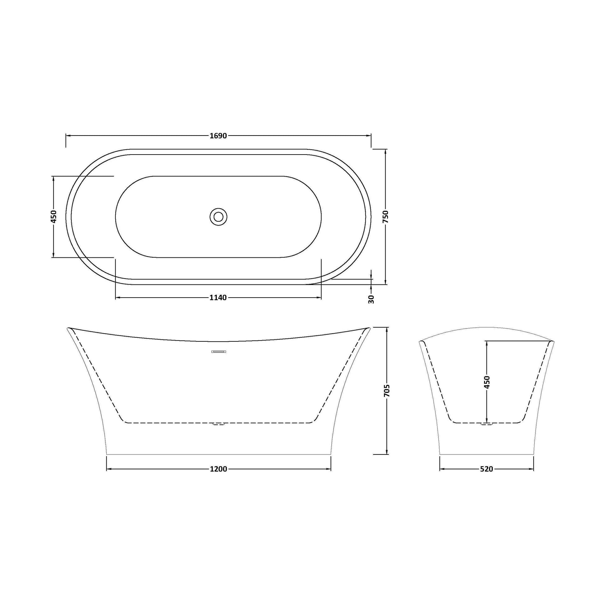 [BBFS167] Contemporary Slipper Freestanding Bath  - 1700mm x 750mm - Technical Drawing
