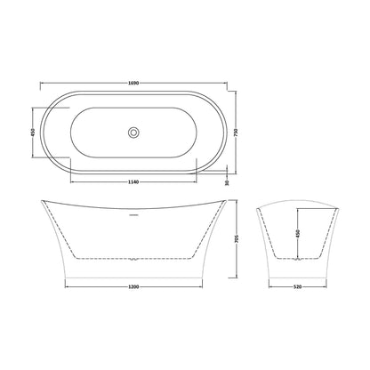 [BBFS167] Contemporary Slipper Freestanding Bath  - 1700mm x 750mm - Technical Drawing