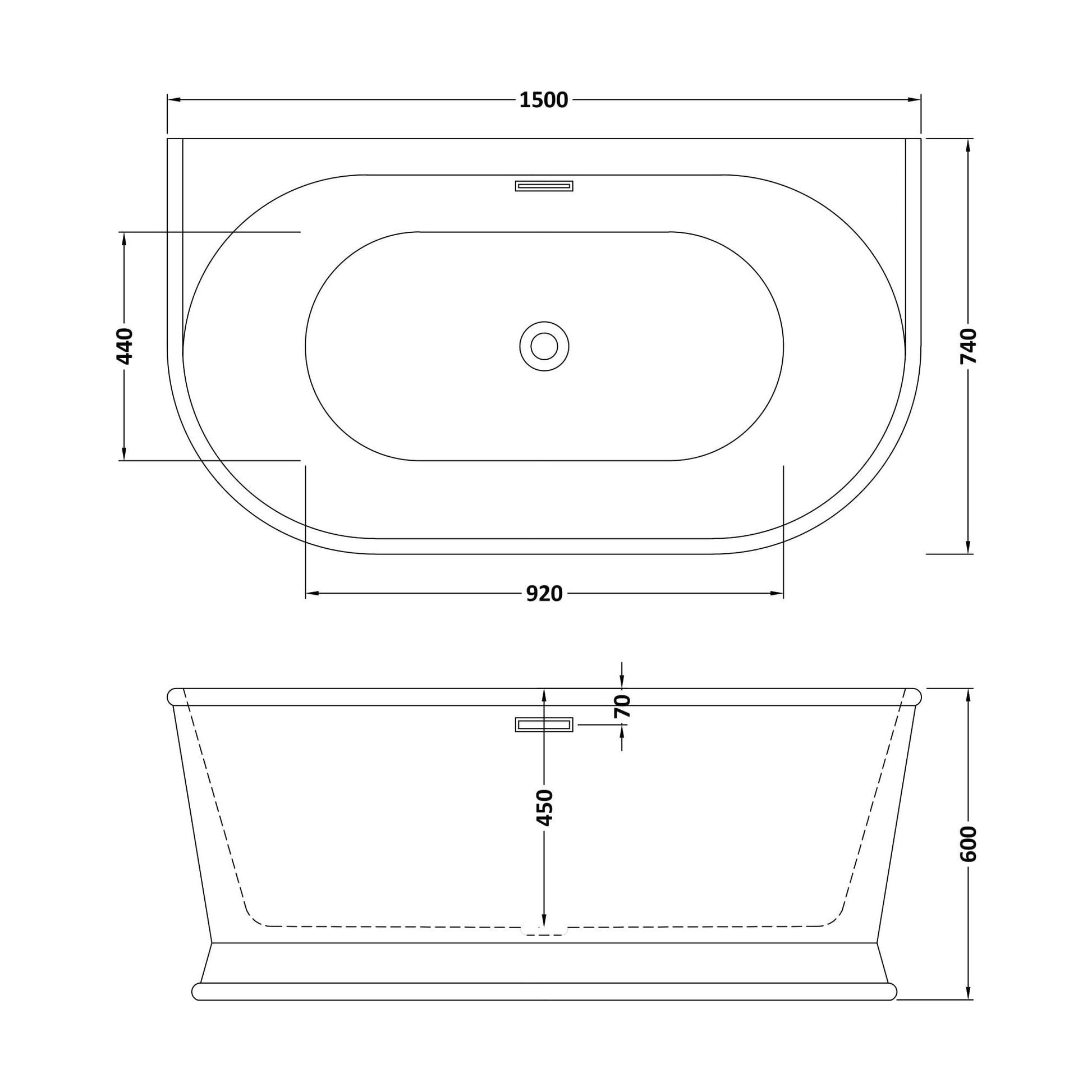 [BBFS168] Contemporary Back To Wall Freestanding Bath, Modern Double Ended Design - Choice of Size - Technical Drawing