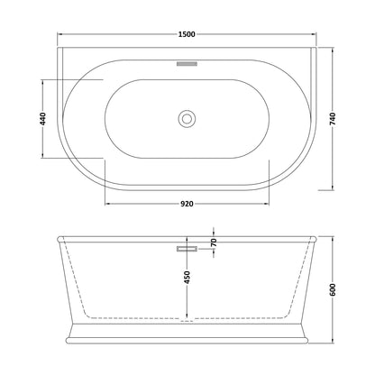 [BBFS168] Contemporary Back To Wall Freestanding Bath, Modern Double Ended Design - Choice of Size - Technical Drawing
