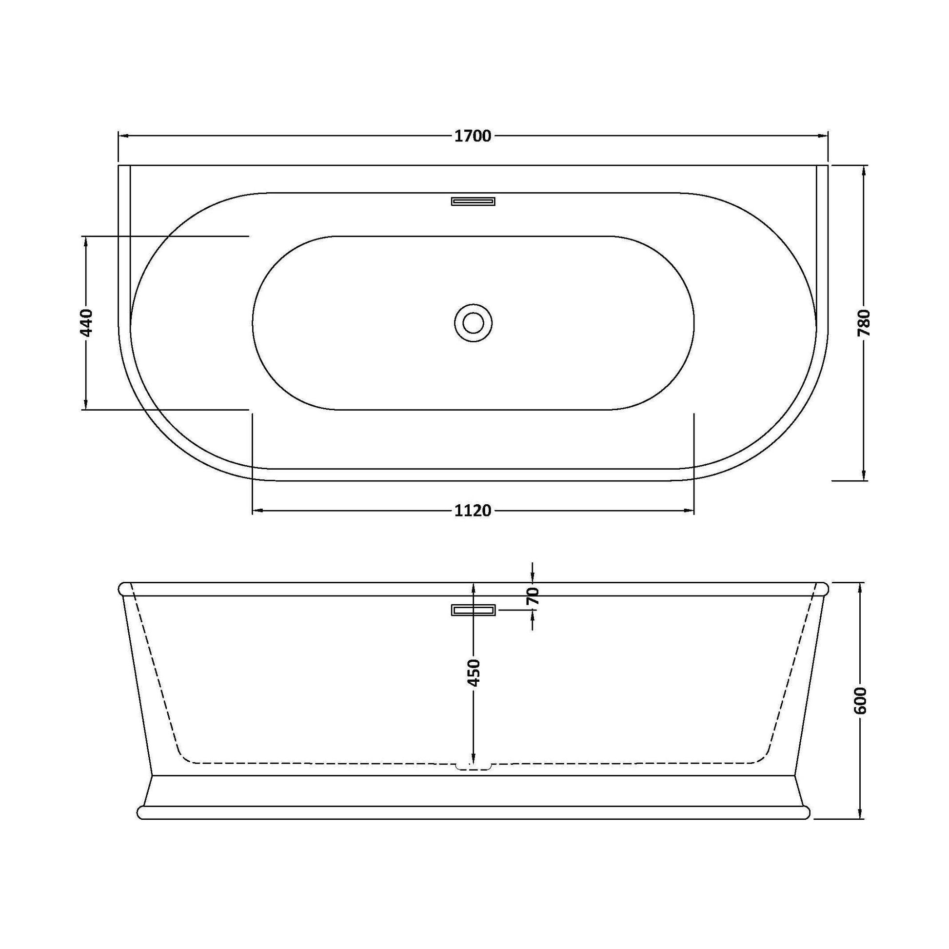 [BBFS169] Contemporary Back To Wall Freestanding Bath, Modern Double Ended Design - Choice of Size - Technical Drawing