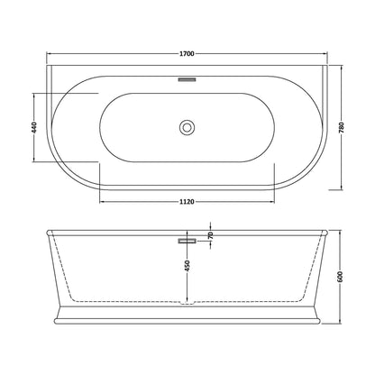 [BBFS169] Contemporary Back To Wall Freestanding Bath, Modern Double Ended Design - Choice of Size - Technical Drawing