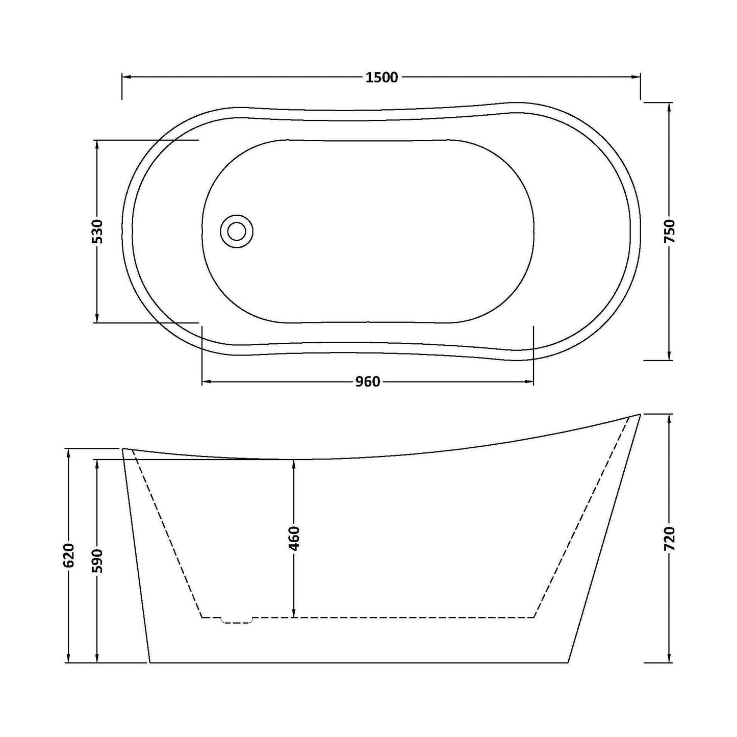 [BBFS170] Contemporary Slipper Freestanding Bath from Balterley - Elegant Bath in Multiple Sizes - Technical Drawing