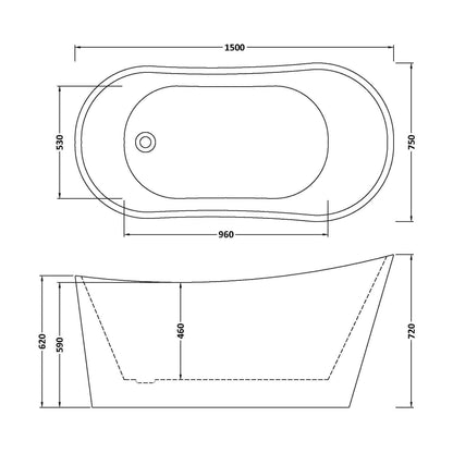[BBFS170] Contemporary Slipper Freestanding Bath from Balterley - Elegant Bath in Multiple Sizes - Technical Drawing