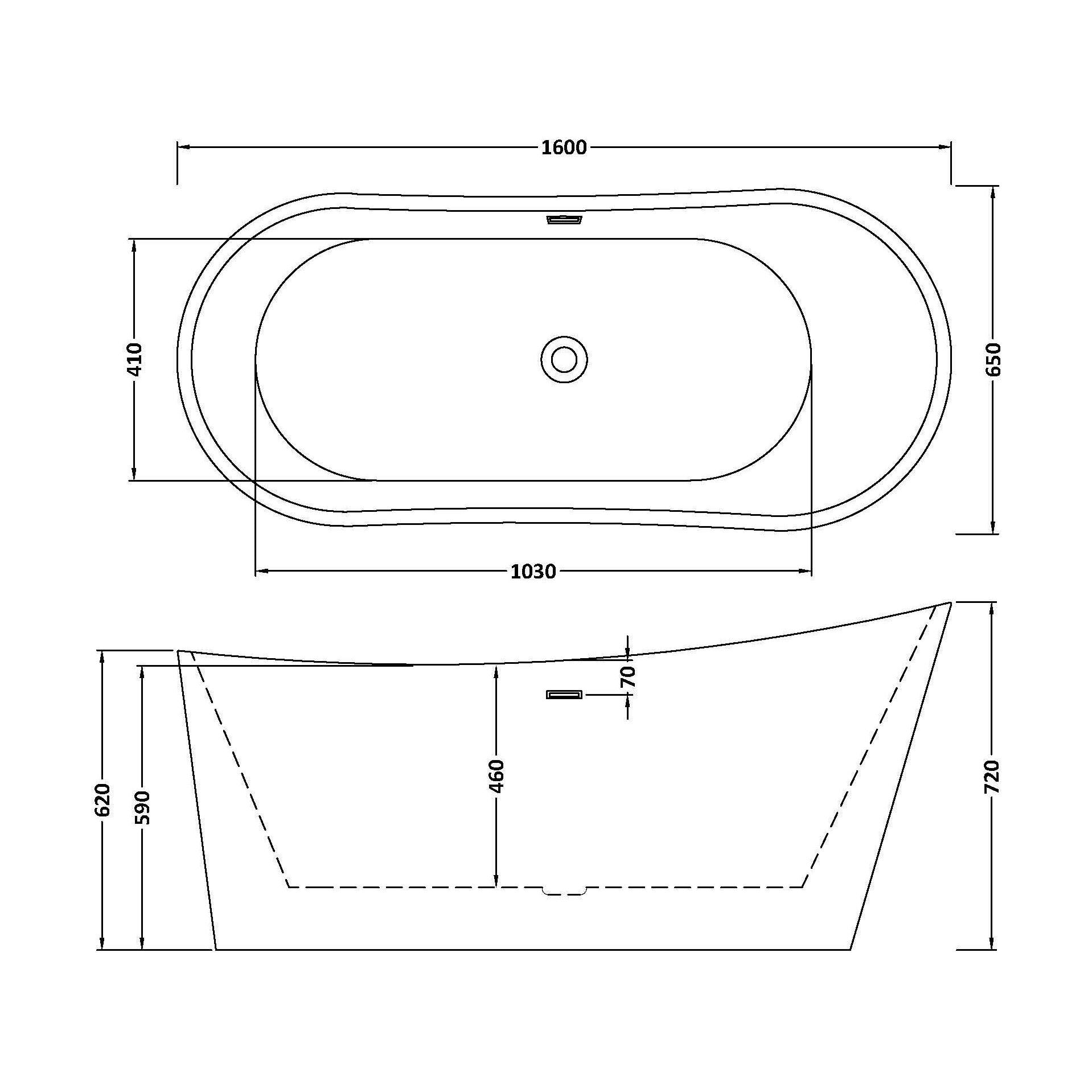 [BBFS171] Contemporary Slipper Freestanding Bath from Balterley - Elegant Bath in Multiple Sizes - Technical Drawing