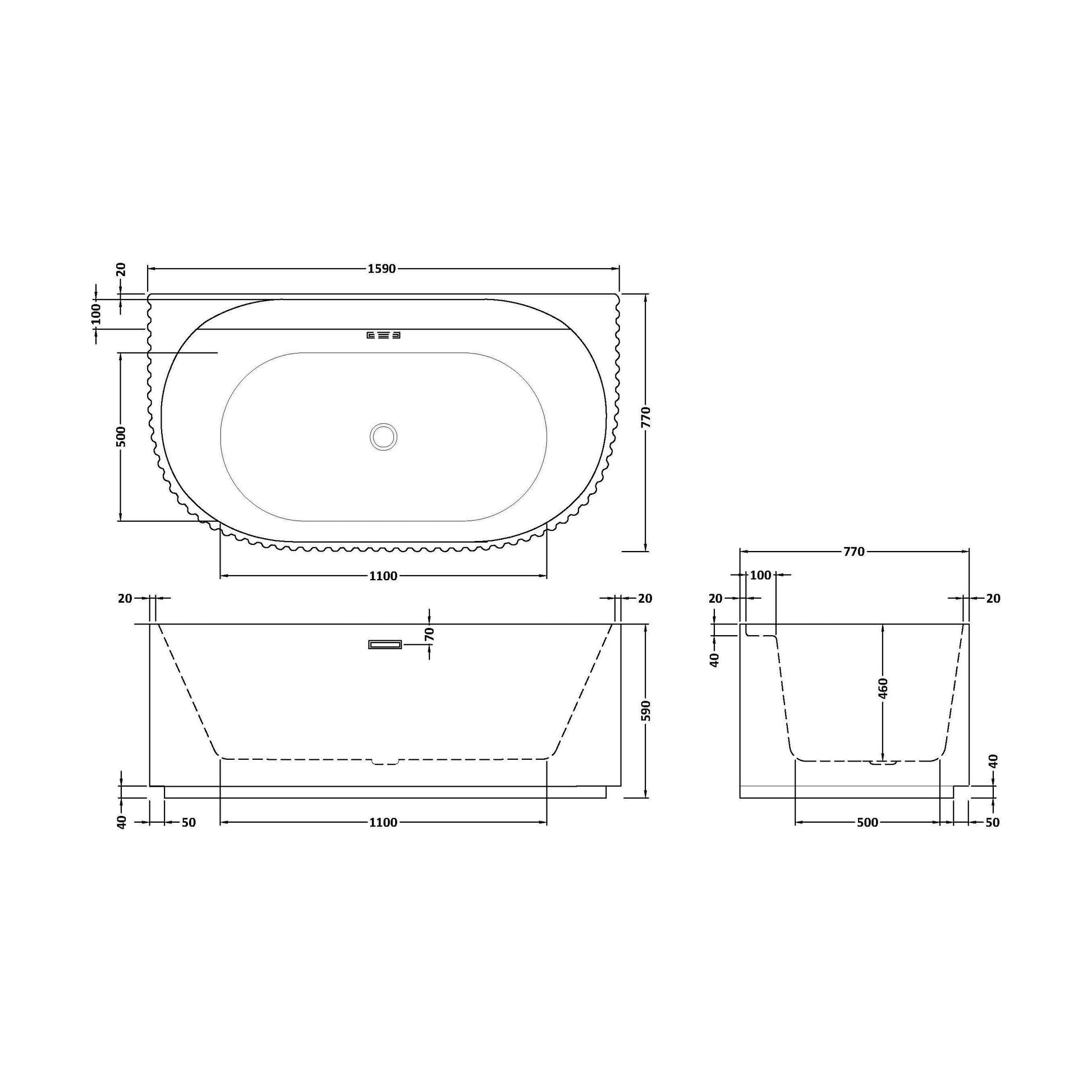 [BBFS174] Contemporary Back To Wall Freestanding Bath with Ribbed Design - Choice of Size - Technical Drawing