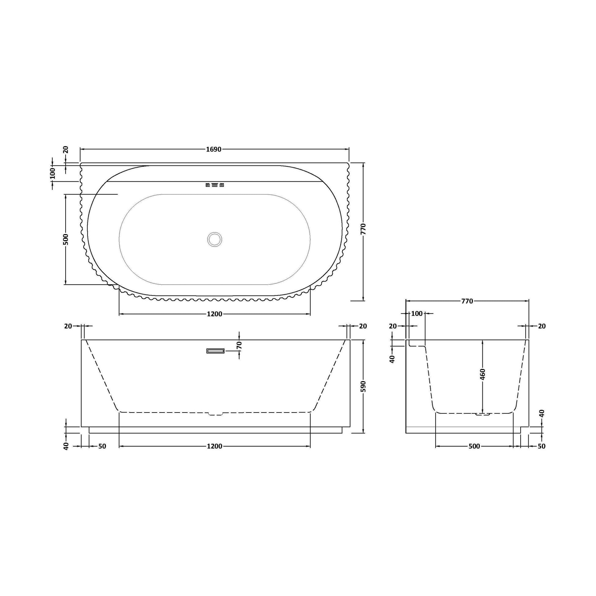 [BBFS175] Contemporary Back To Wall Freestanding Bath with Ribbed Design - Choice of Size - Technical Drawing