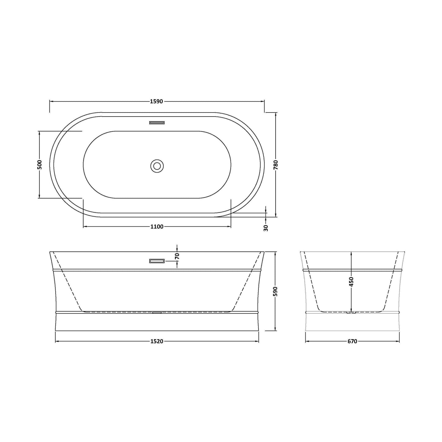 [BBFS177] Contemporary Elegant Oval Freestanding Modern Double Ended Bath with Layered Rim Design - Choice of Size - Technical Drawing