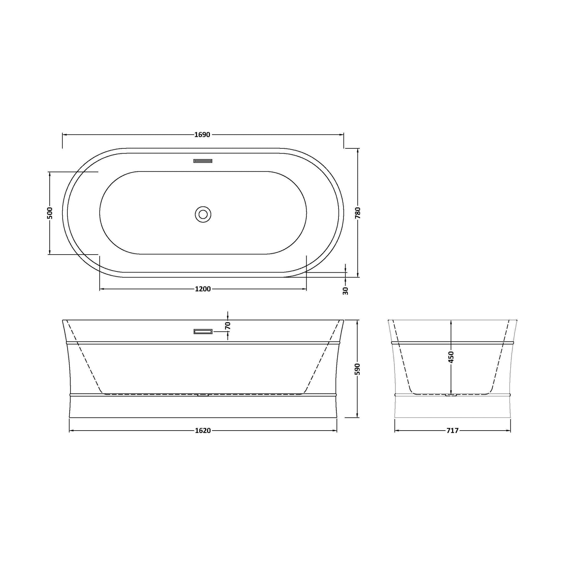 [BBFS178] Contemporary Elegant Oval Freestanding Modern Double Ended Bath with Layered Rim Design - Choice of Size - Technical Drawing
