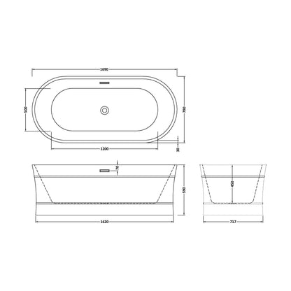 [BBFS178] Contemporary Elegant Oval Freestanding Modern Double Ended Bath with Layered Rim Design - Choice of Size - Technical Drawing