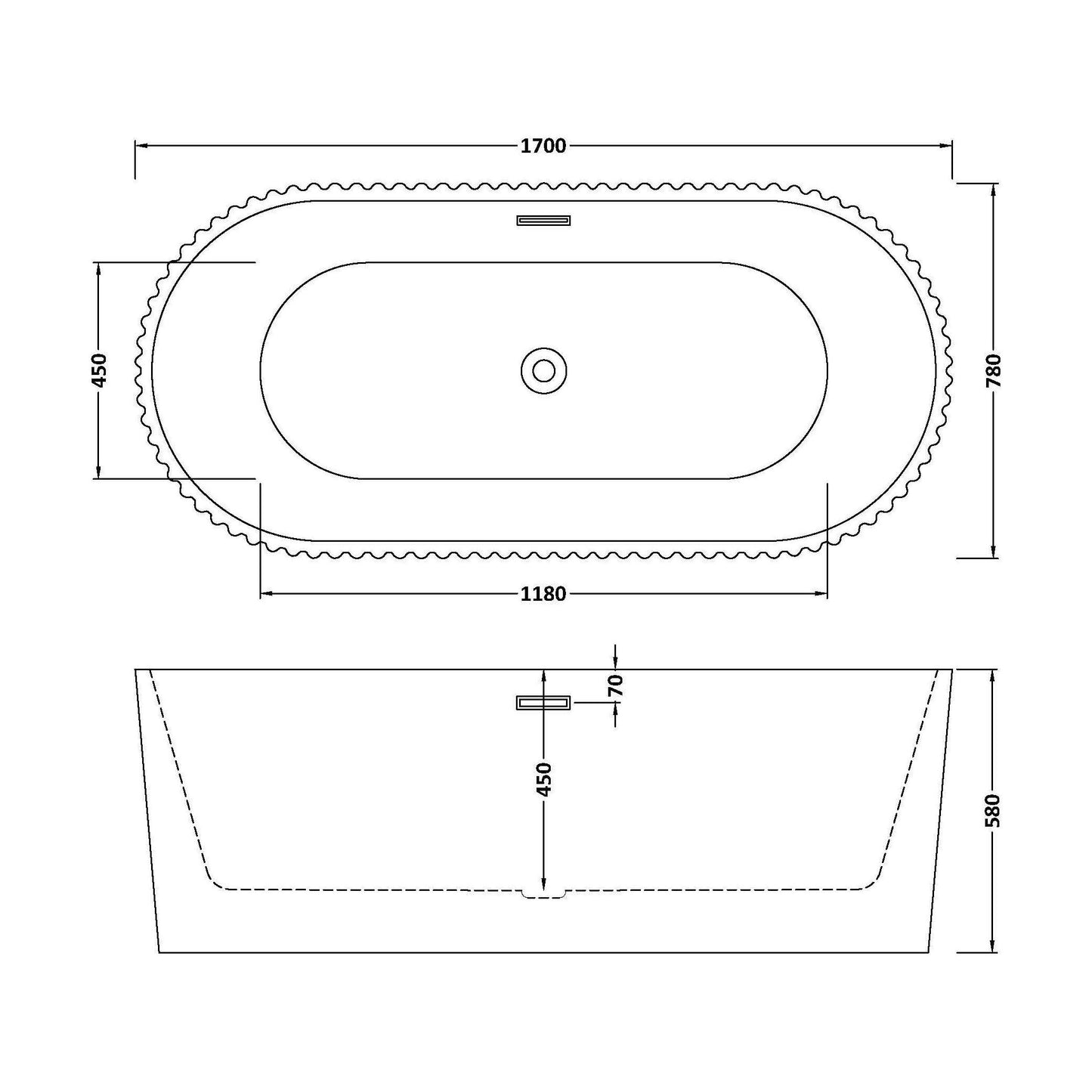 [BBFS180] Contemporary Curved Freestanding Bath, Modern Ribbed Design - Choice of Size - Technical Drawing