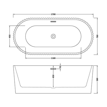 [BBFS180] Contemporary Curved Freestanding Bath, Modern Ribbed Design - Choice of Size - Technical Drawing