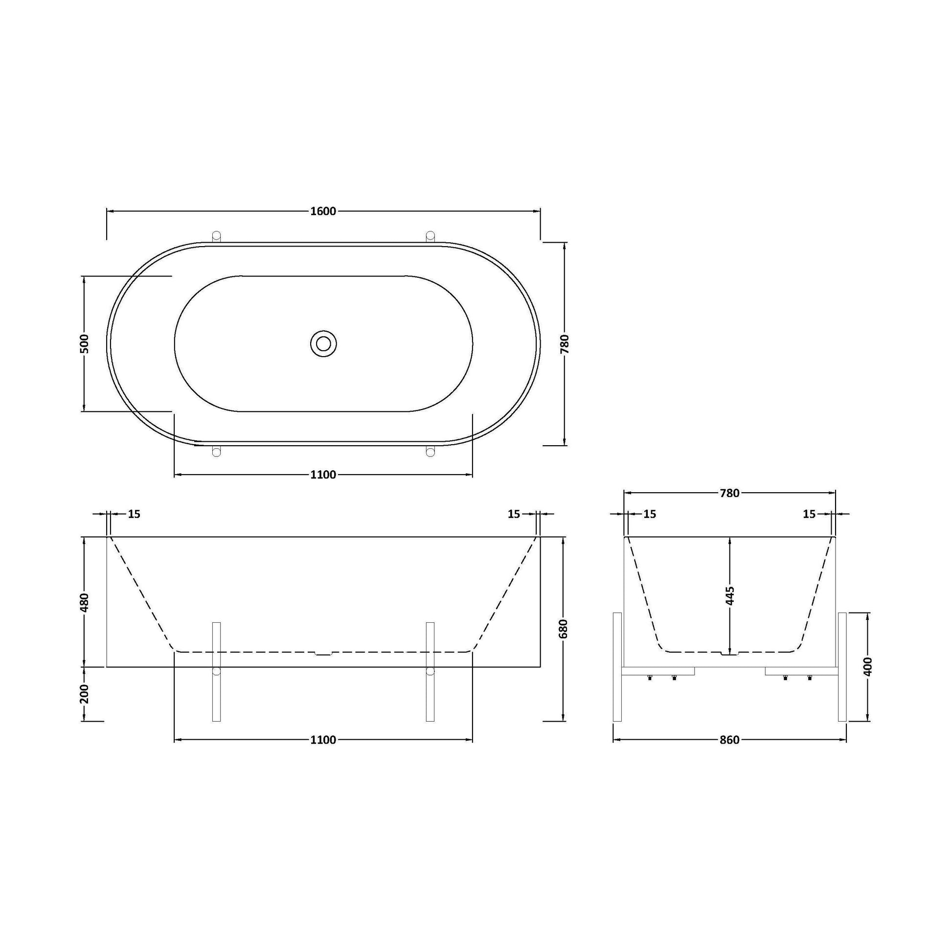 [BBFS182] Contemporary Oval Freestanding Bath with Stand - Choice of Size - Technical Drawing