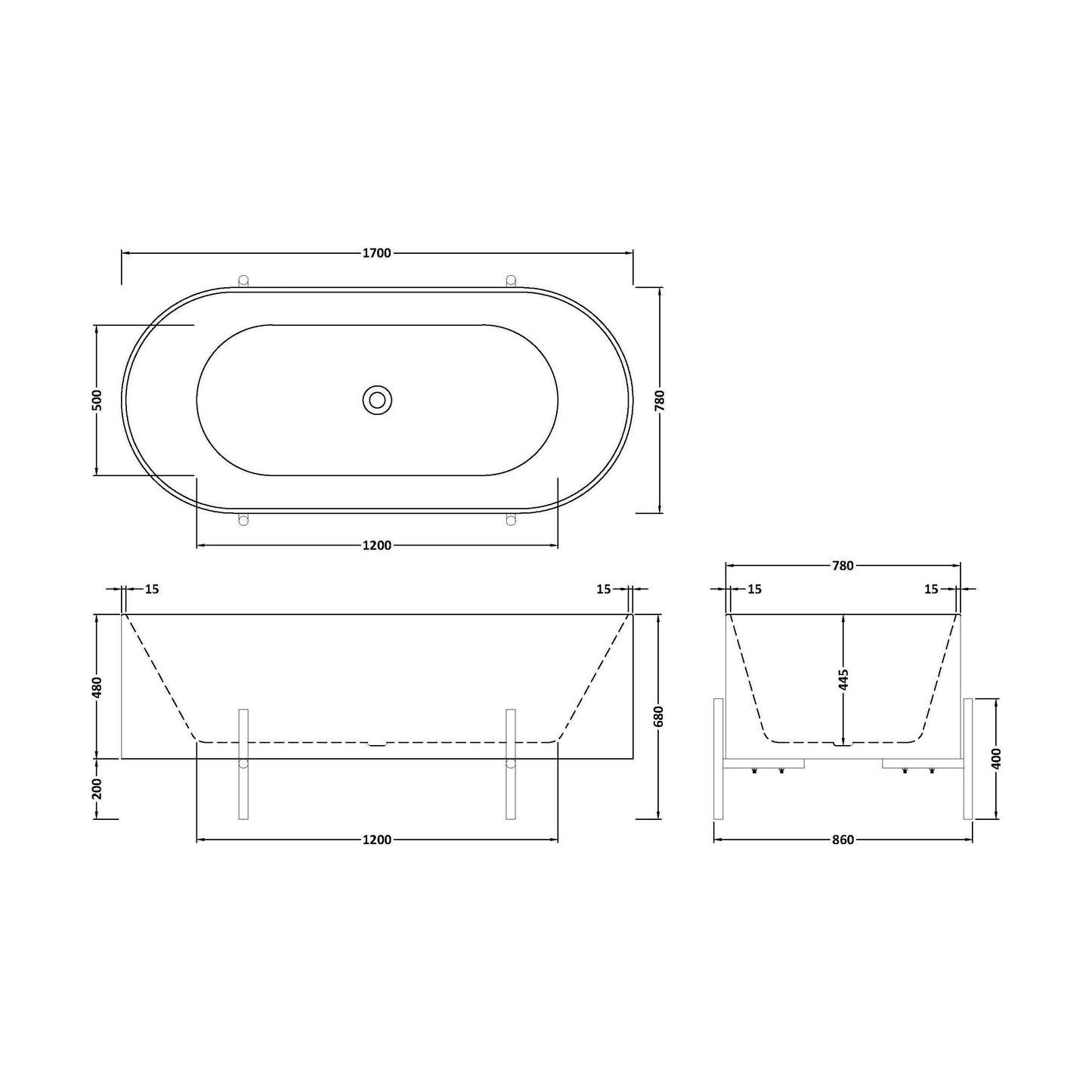 [BBFS183] Contemporary Oval Freestanding Bath with Stand - Choice of Size - Technical Drawing
