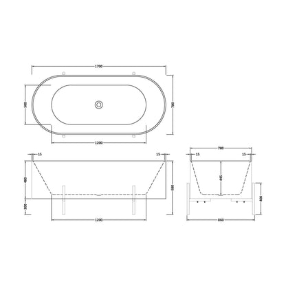 [BBFS183] Contemporary Oval Freestanding Bath with Stand - Choice of Size - Technical Drawing