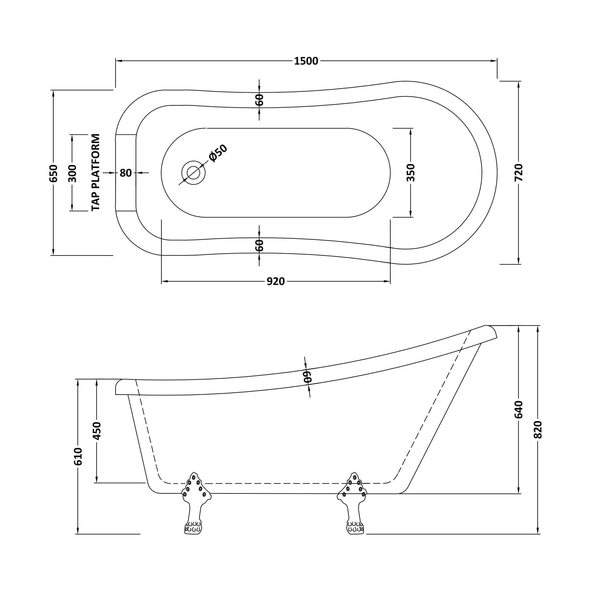 [BBFS184] Traditional Roll Top Slipper Freestanding Bath with Feet - Choice of Size - Technical Drawing