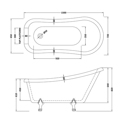 [BBFS184] Traditional Roll Top Slipper Freestanding Bath with Feet - Choice of Size - Technical Drawing