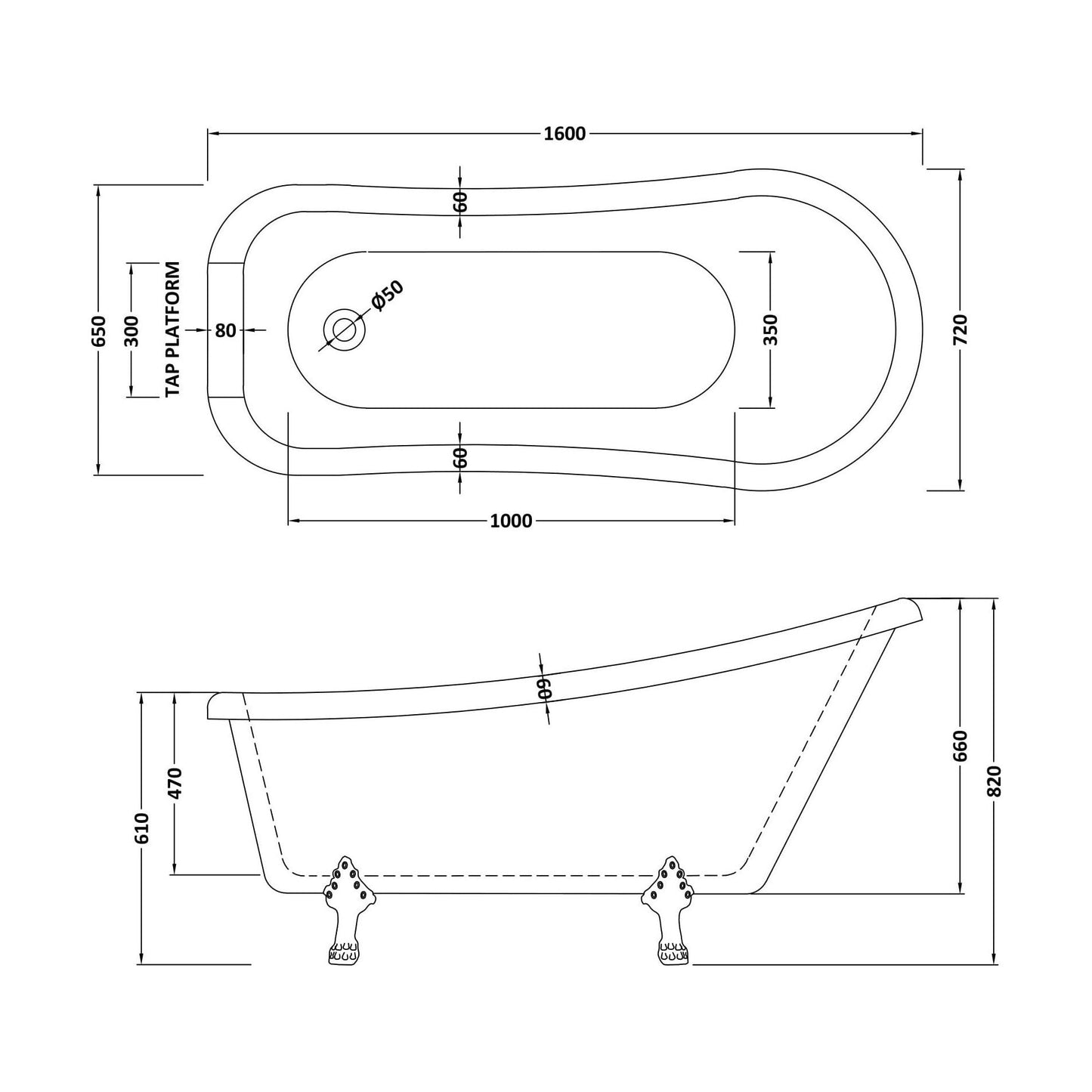 [BBFS185] Traditional Roll Top Slipper Freestanding Bath with Feet - Choice of Size - Technical Drawing