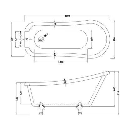 [BBFS185] Traditional Roll Top Slipper Freestanding Bath with Feet - Choice of Size - Technical Drawing