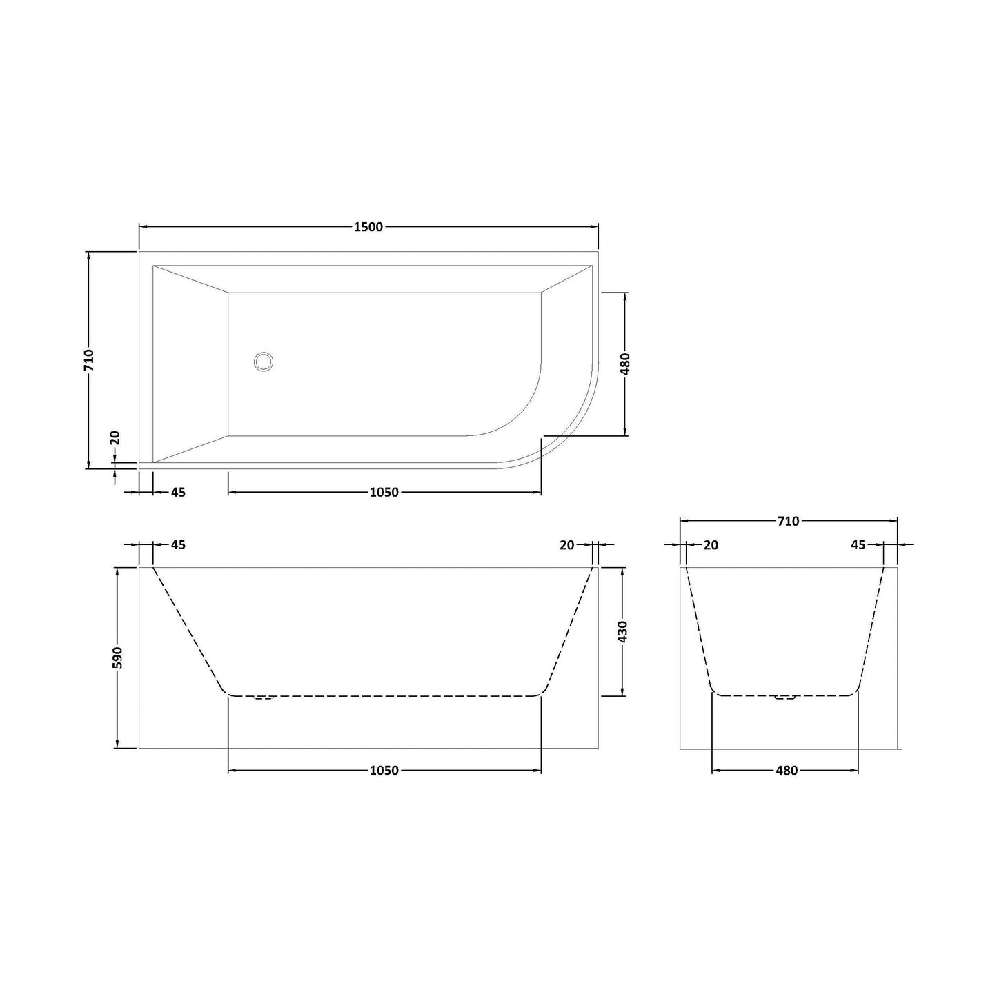 [BBFS187L] Contemporary Corner Freestanding Bath, Left or Right Hand J Shaped Bath - Choice of Size - Technical Drawing
