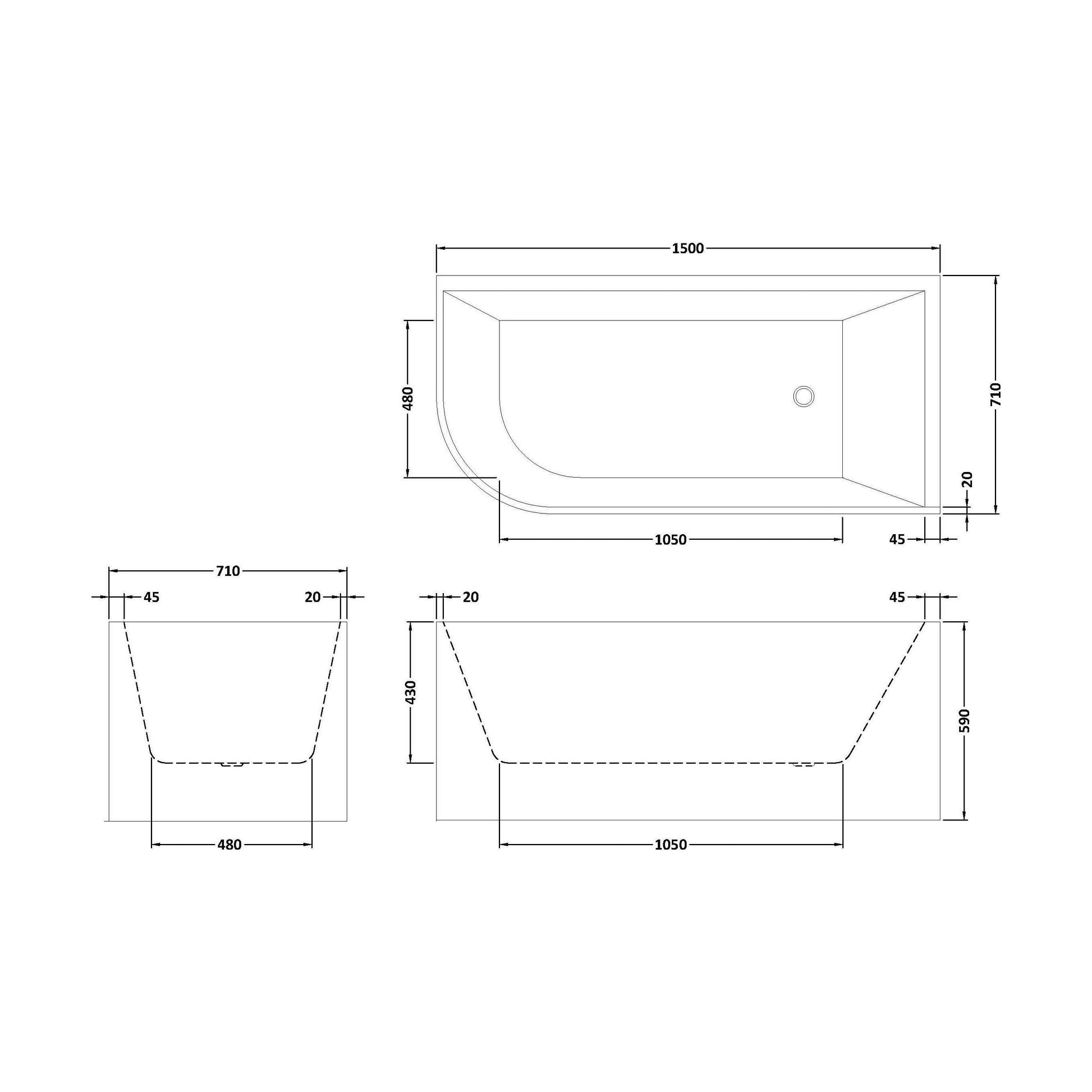 [BBFS187R] Contemporary Corner Freestanding Bath, Left or Right Hand J Shaped Bath - Choice of Size - Technical Drawing