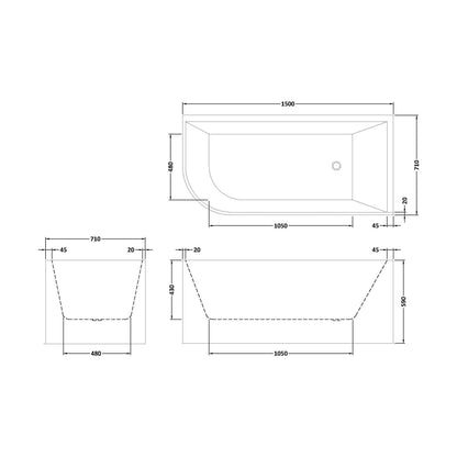 [BBFS187R] Contemporary Corner Freestanding Bath, Left or Right Hand J Shaped Bath - Choice of Size - Technical Drawing