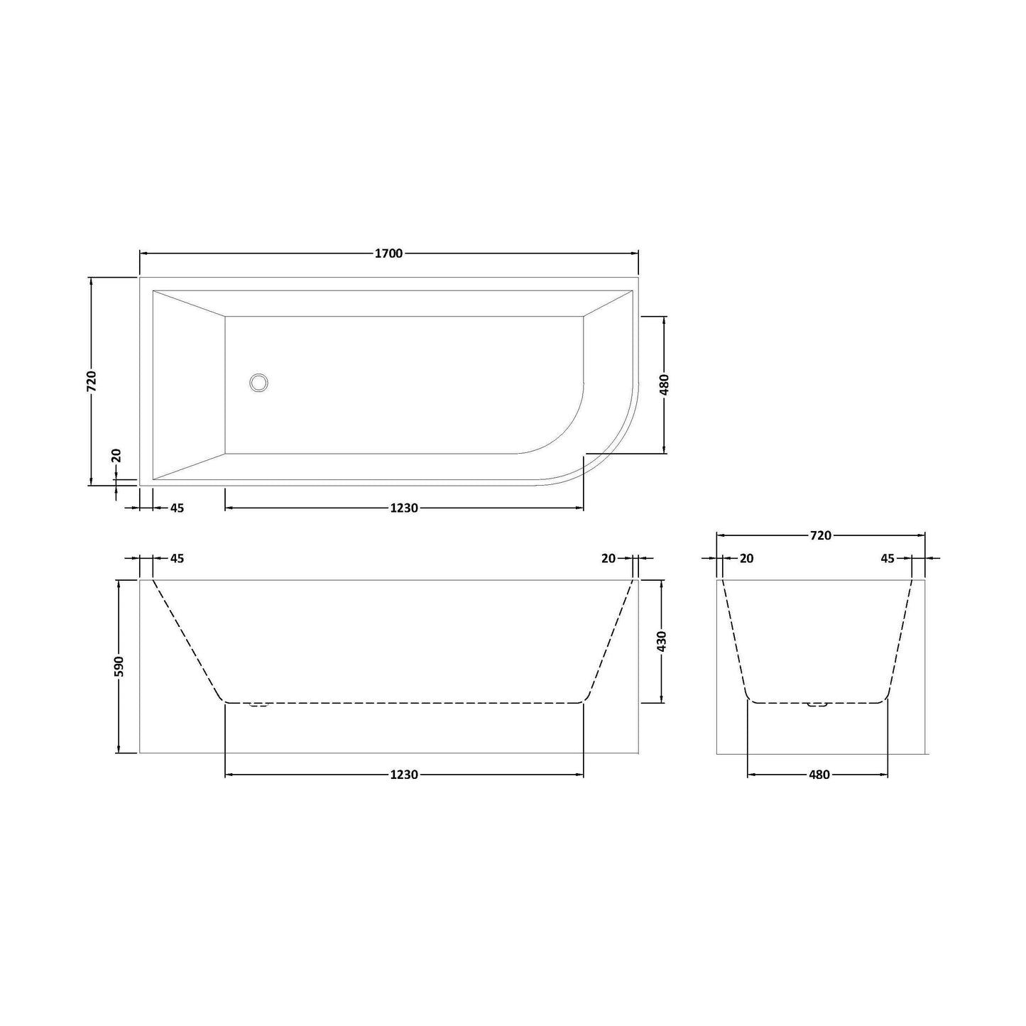 [BBFS188L] Contemporary Corner Freestanding Bath, Left or Right Hand J Shaped Bath - Choice of Size - Technical Drawing
