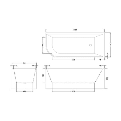 [BBFS188R] Contemporary Corner Freestanding Bath, Left or Right Hand J Shaped Bath - Choice of Size - Technical Drawing