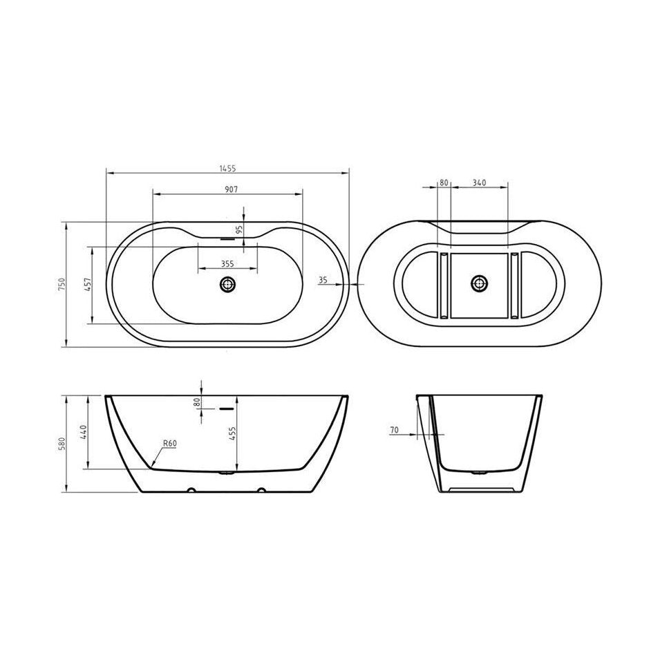 [BBFSB200-A] Modern Oval Freestanding Double Ended Soaking Bath - Choice of Size - Technical Drawing