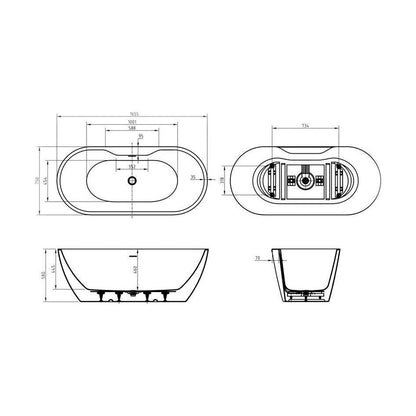[BBFSB202-A] Modern Oval Freestanding Double Ended Soaking Bath - Choice of Size - Technical Drawing