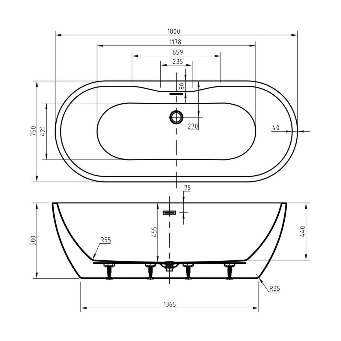 [BBFSB203-A] Modern Oval Freestanding Double Ended Soaking Bath - Choice of Size - Technical Drawing