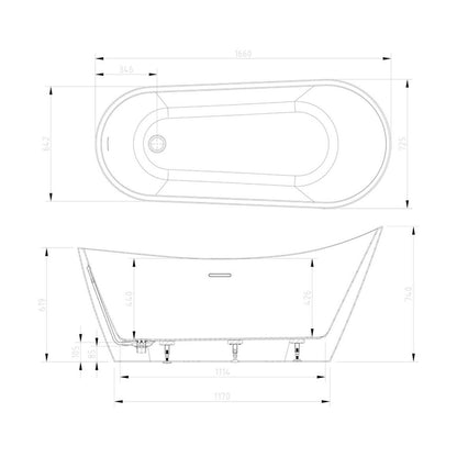 [BBFSB204MW] Modern Bathroom Slipper Bath, 1660 x 642 x 740mm, Matt White - Technical Drawing