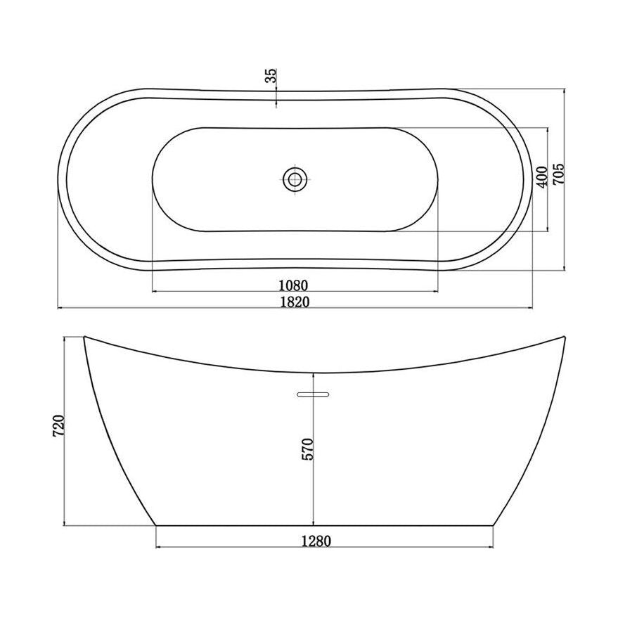 [BBFSB207A] Modern Slipper Freestanding Double Ended Bath - 1820 x 720mm - Technical Drawing
