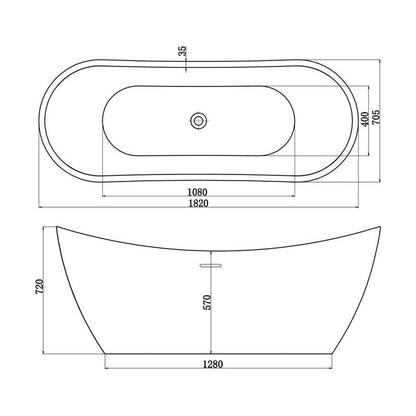 [BBFSB207A] Modern Slipper Freestanding Double Ended Bath - 1820 x 720mm - Technical Drawing