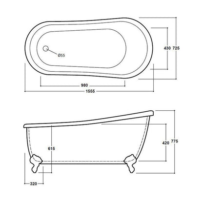 [BBFSB303] Brentwood Slipper Bath 1555 - Technical Drawing