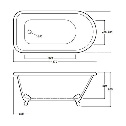 [BBFSB305] FSB305 Cambridge SglEnded Bath 1470 - Technical Drawing