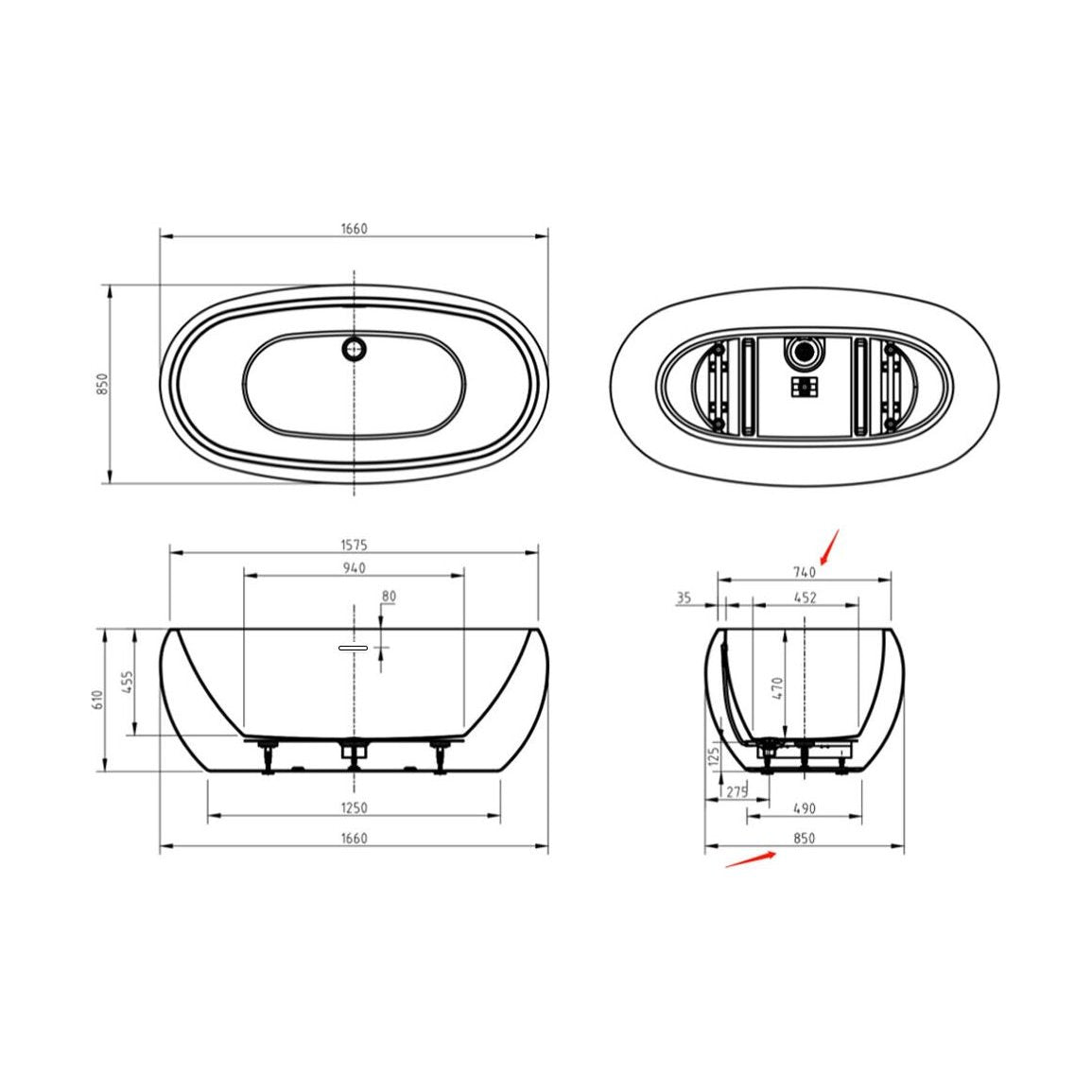 [BBFSB308-A] Oval Freestanding Bath, Double Ended, 1600 x 850mm - Gloss White Finish - Technical Drawing