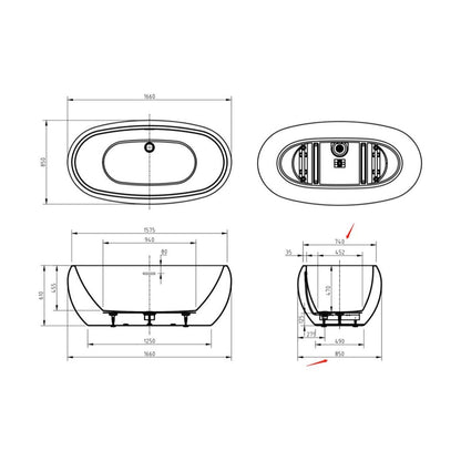 [BBFSB308-A] Oval Freestanding Bath, Double Ended, 1600 x 850mm - Gloss White Finish - Technical Drawing