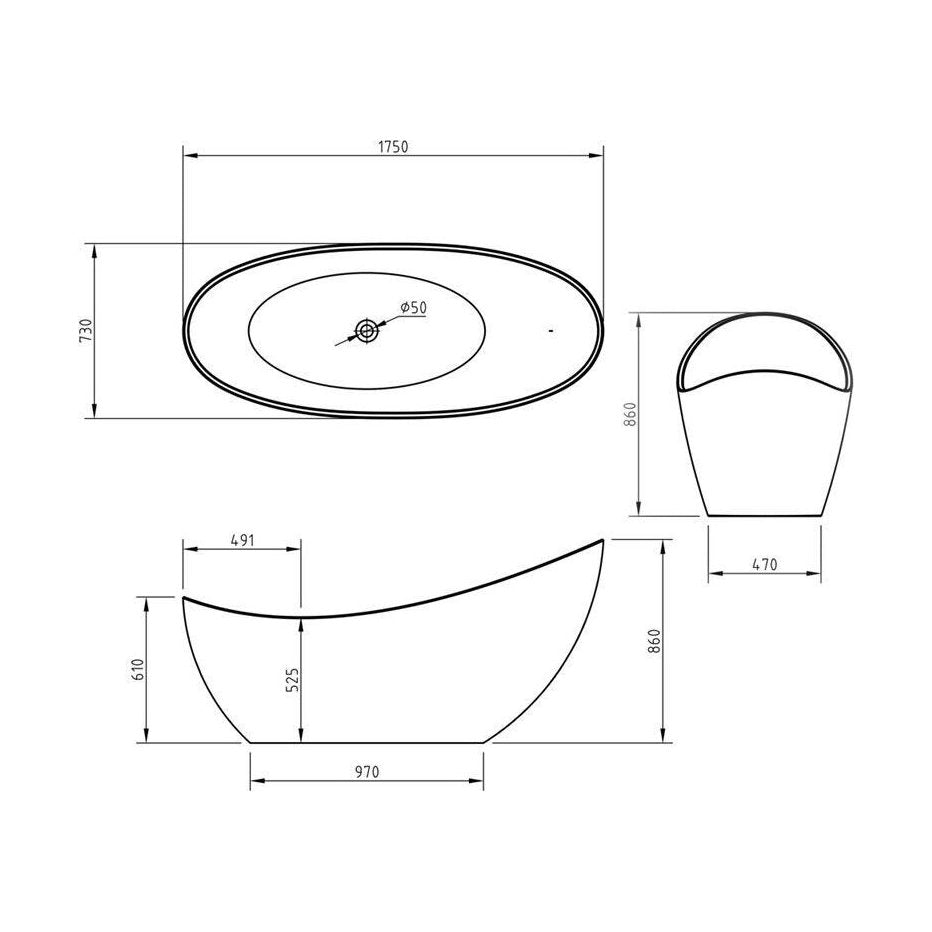 [BBFSB309BLK-A] Modern Freestanding Slipper Bath, Double Ended, 1750 x 730mm - Black Finish - Technical Drawing