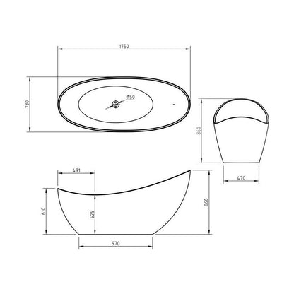 [BBFSB309BLK-A] Modern Freestanding Slipper Bath, Double Ended, 1750 x 730mm - Black Finish - Technical Drawing