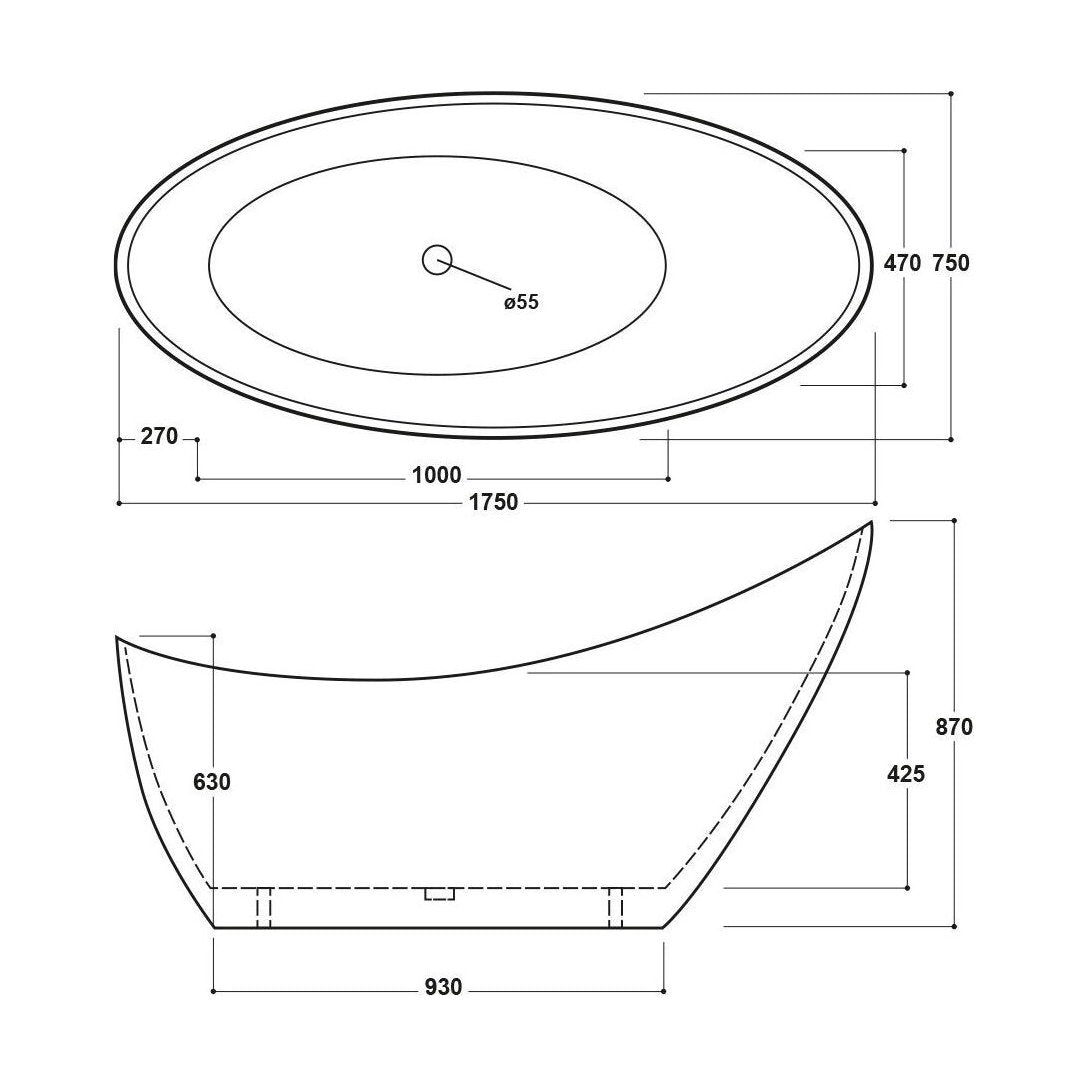 [BBFSB309] Slipper Freestanding Bath 1750 x 730 x - Technical Drawing