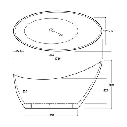 [BBFSB309] Slipper Freestanding Bath 1750 x 730 x - Technical Drawing