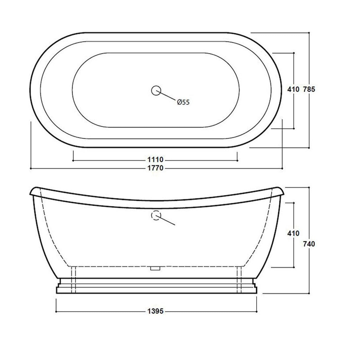 [BBFSB310HG] Traditional Freestanding Boat Bath Double Ended Roll Top, 1770 x 740mm - Grey - Technical Drawing