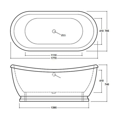 [BBFSB310HG] Traditional Freestanding Boat Bath Double Ended Roll Top, 1770 x 740mm - Grey - Technical Drawing
