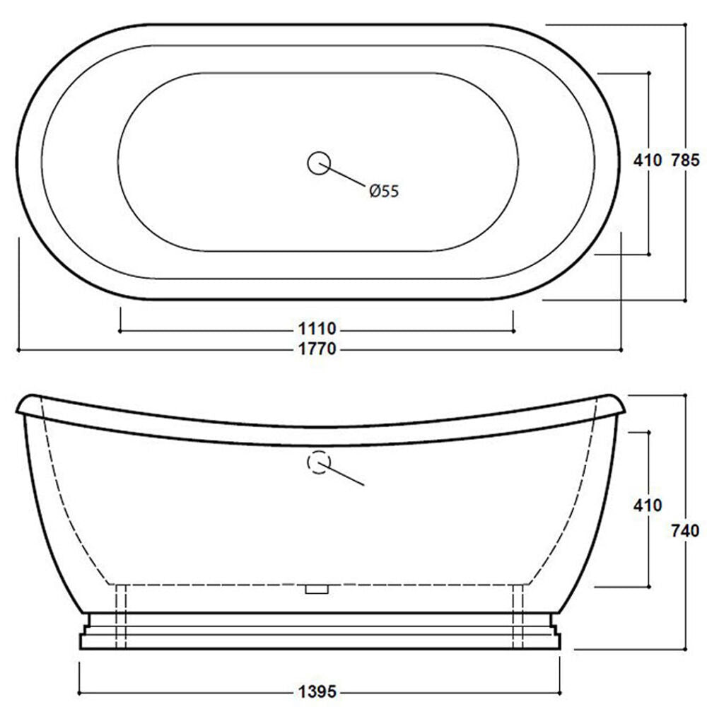 [BBFSB310HG] Traditional Freestanding Boat Bath, Double Ended, 1770mm - Grey - Technical Drawing