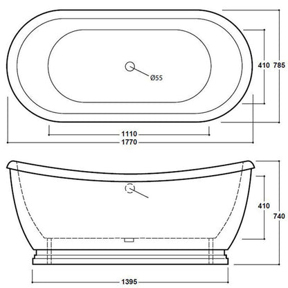 [BBFSB310HG] Traditional Freestanding Boat Bath, Double Ended, 1770mm - Grey - Technical Drawing