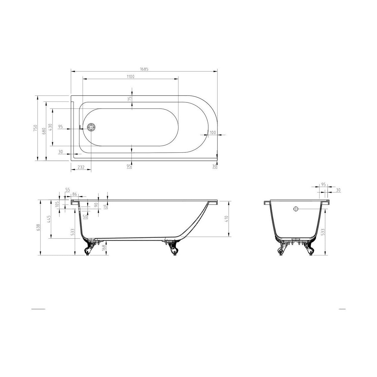 [BBFSB321R] FSB321 Cambridge Shower Bath 1685 R/H - Technical Drawing